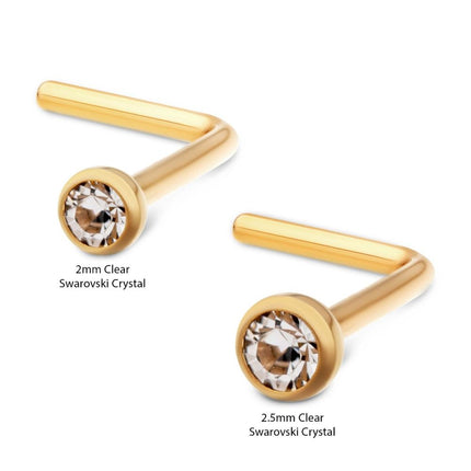 Invictus 24KT Gold PVD Titanium with Bezel Set Swarovski Crystal L-Shape Nose Pin