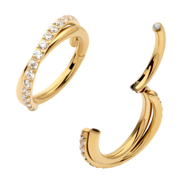 Invictus 24Kt Gold PVD Titanium Double Hoop Side Facing Hinged Segment Clicker with CNC Set Round CZ