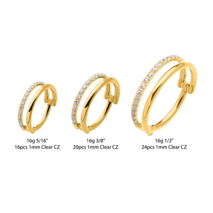 Invictus 24Kt Gold PVD Titanium Side Facing Hinged Segment Clicker with Single Hoop Full Clear CNC Set Round CZ