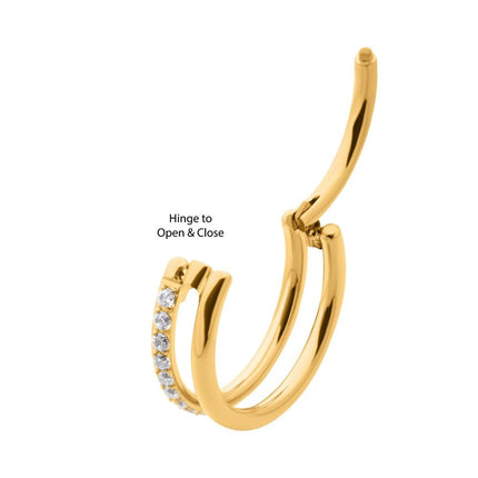 Invictus 24Kt Gold PVD Titanium Side Facing Hinged Segment Clicker with Single Hoop Full Clear CNC Set Round CZ