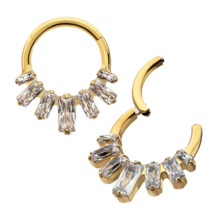 Invictus 24Kt Gold PVD Titanium 7-Baguette Prong Set Gem Fan Front Facing Hinged Segment Clicker