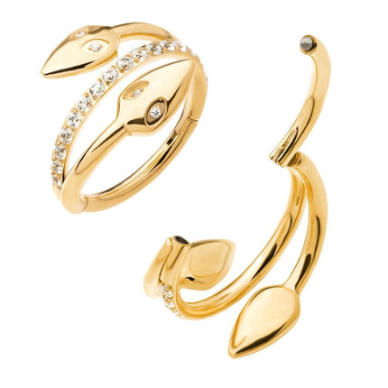 Invictus 24Kt Gold PVD Titanium Double Ended Twist Side Facing Hinged Segment Clicker with Clear CZ Snake Heads
