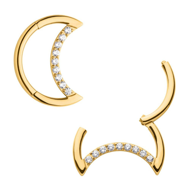 Invictus 24Kt Gold PVD Titanium Crescent Moon with CZ Front Facing Hinged Segment Clicker