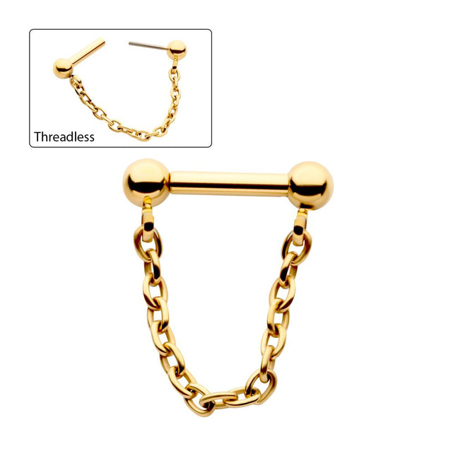 Invictus 24Kt Gold PVD Titanium Dangle Chain on a One Side Threadless, One Side Fixed Bar with Ball ends