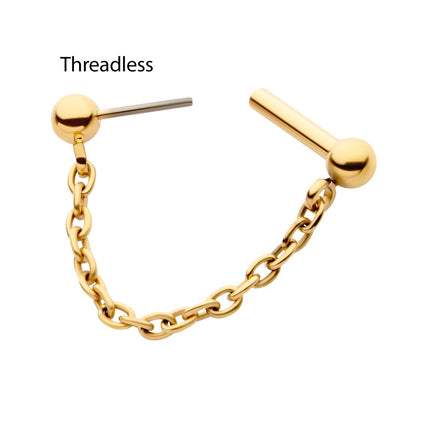 Invictus 24Kt Gold PVD Titanium Dangle Chain on a One Side Threadless, One Side Fixed Bar with Ball ends