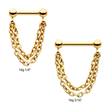Invictus 24Kt Gold PVD Titanium 2 Tier Chains on a One Side Threadless, One Side Fixed Bar with Ball ends
