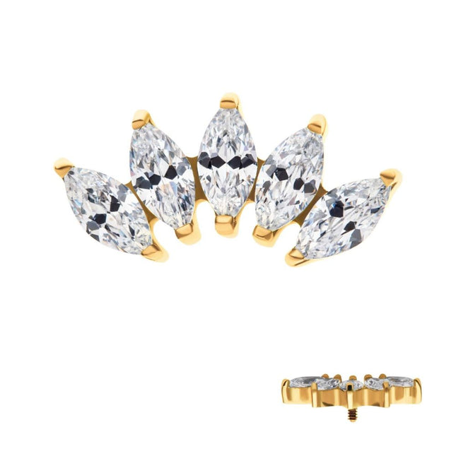 Invictus 24Kt Gold PVD Titanium Internally Threaded with Prong Set Marquise CZ 5-Cluster Top