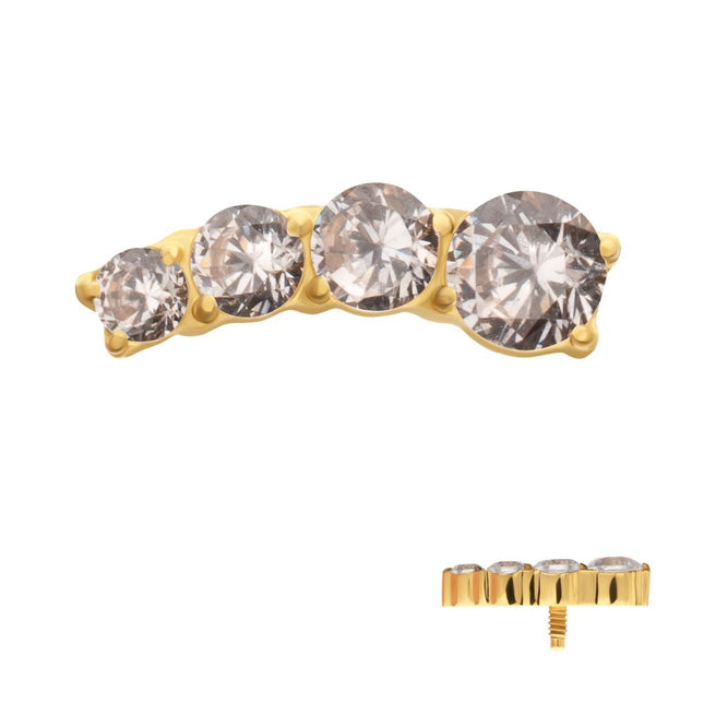 Invictus 24Kt Gold PVD Titanium Internally Threaded 4-Cluster Staggered Prong Set CZ Gem Top (Right Ear)
