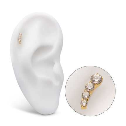 Invictus 24Kt Gold PVD Titanium Internally Threaded 4-Cluster Staggered Prong Set CZ Gem Top (Left Ear)