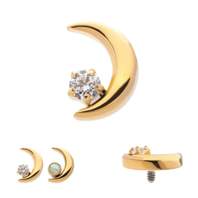 Invictus 24Kt Gold PVD Titanium Internally Threaded Crescent Moon with CZ/Opal Top