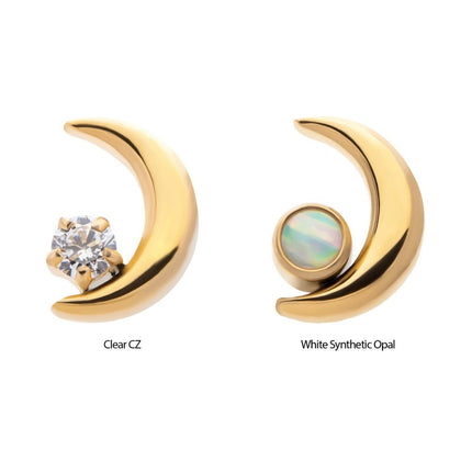 Invictus 24Kt Gold PVD Titanium Internally Threaded Crescent Moon with CZ/Opal Top
