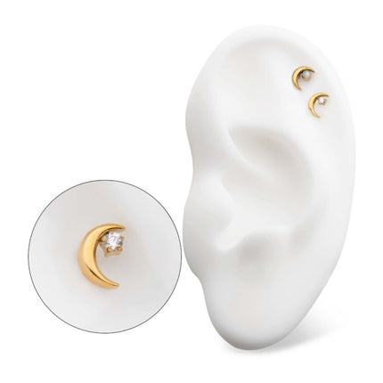 Invictus 24Kt Gold PVD Titanium Internally Threaded Crescent Moon with CZ/Opal Top