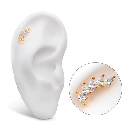 Invictus 24Kt Gold PVD Titanium Internally Threaded with Prong Set Marquise 5 Gem Curved Fan Top