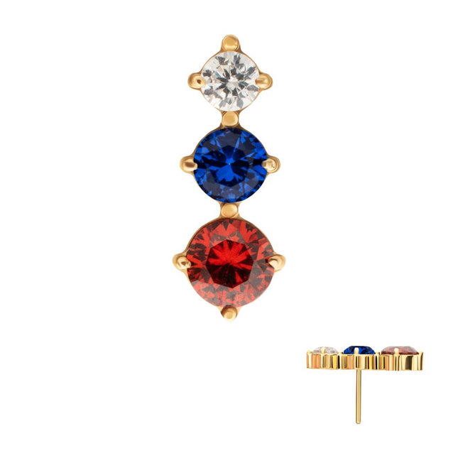 Invictus 24Kt Gold PVD Titanium Threadless Triple Cluster Prong Set Gem Top