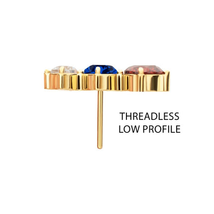 Invictus 24Kt Gold PVD Titanium Threadless Triple Cluster Prong Set Gem Top