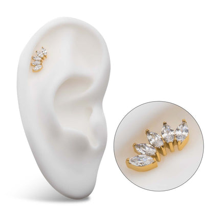 Invictus 24Kt Gold PVD Titanium Threadless with Prong Set Marquise CZ 5-Cluster Top