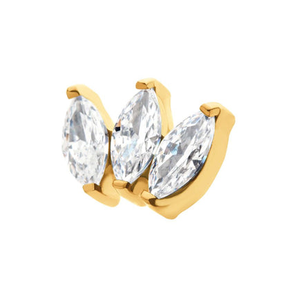 Invictus 24Kt Gold PVD Titanium Threadless with Prong Set Marquise CZ 3-Cluster Top