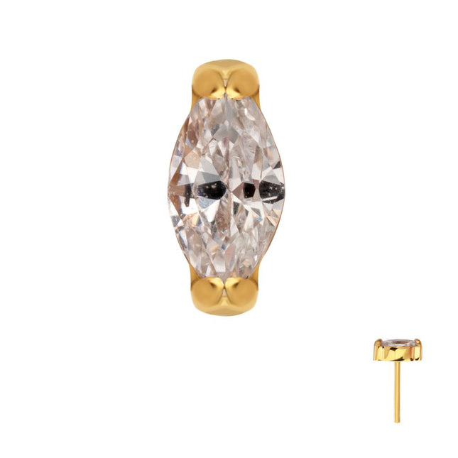 Invictus 24Kt Gold PVD Titanium Threadless V-Prong Marquise CZ Gem Top