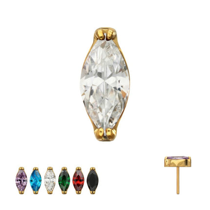Invictus 24KT Gold PVD Titanium Threadless Double V-Prong 4mm Marquise CZ Gem Top