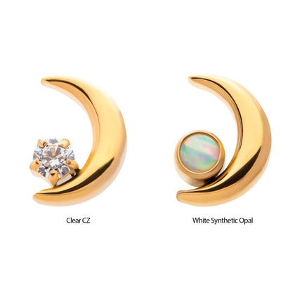 Invictus 24Kt Gold PVD Titanium Threadless Crescent Moon with CZ/Opal Top