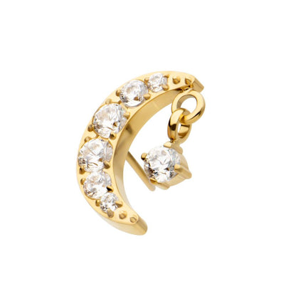 Invictus 24Kt Gold PVD Titanium Threadless Crescent Moon CZ Top with Dangle Pronged Round CZ