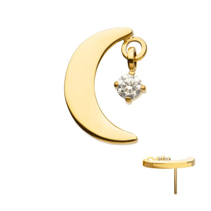 Invictus 24Kt Gold PVD Titanium Threadless Crescent Moon Top with Dangle Pronged Round CZ