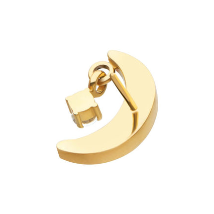 Invictus 24Kt Gold PVD Titanium Threadless Crescent Moon Top with Dangle Pronged Round CZ