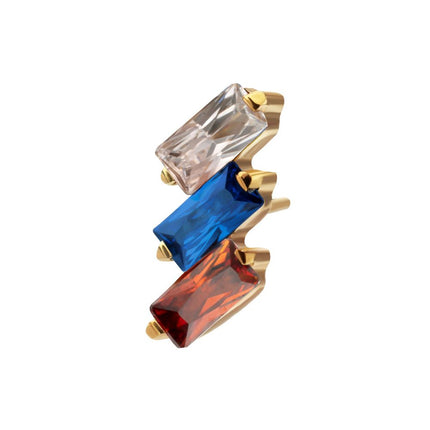 Invictus 24Kt Gold PVD Titanium Threadless Prong Set Baguette CZ Diagonal 3-Cluster Top