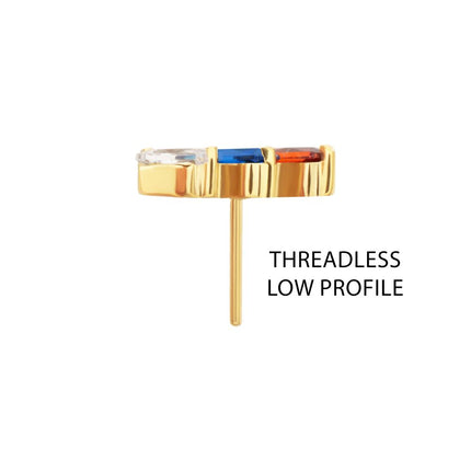 Invictus 24Kt Gold PVD Titanium Threadless Prong Set Baguette CZ Diagonal 3-Cluster Top
