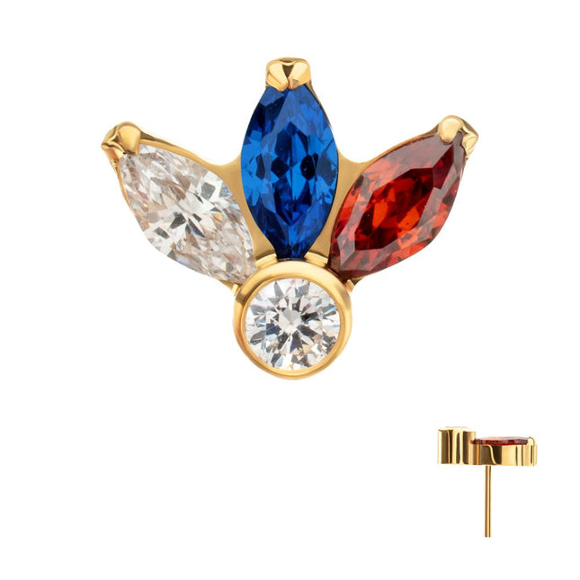 Invictus 24Kt Gold PVD Titanium Threadless 3-Cluster Marquise Gem Fan Top with Bezel Round Gem