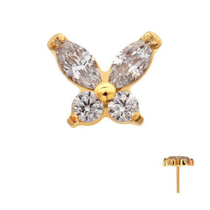 Invictus 24Kt Gold PVD Titanium Threadless Small Butterfly with V-Prong Round & Marquise CZ Gem Top