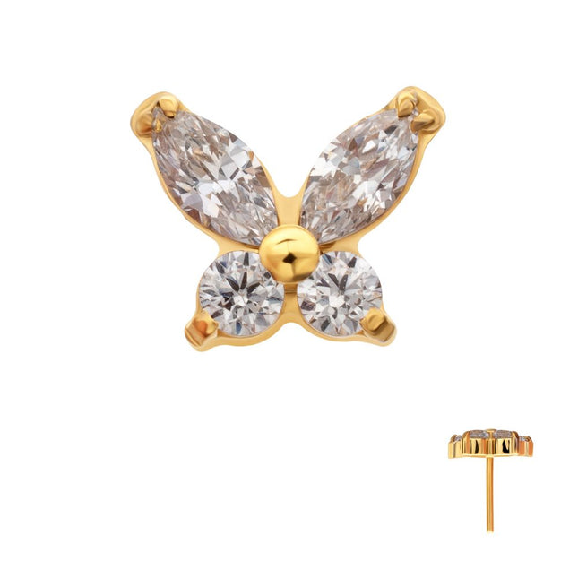 Invictus 24Kt Gold PVD Titanium Threadless Small Butterfly with V-Prong Round & Marquise CZ Gem Top