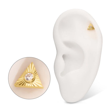 Invictus 24Kt Gold PVD Titanium Threadless Corrugated Triangle Top with Bezel Gem