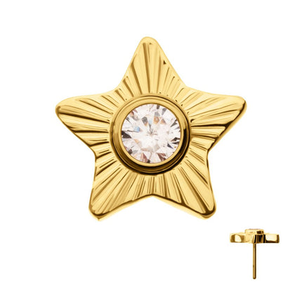 Invictus 24Kt Gold PVD Titanium Threadless Corrugated Star with Bezel Gem Top