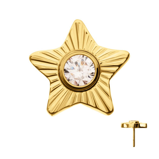 Invictus 24Kt Gold PVD Titanium Threadless Corrugated Star with Bezel Gem Top