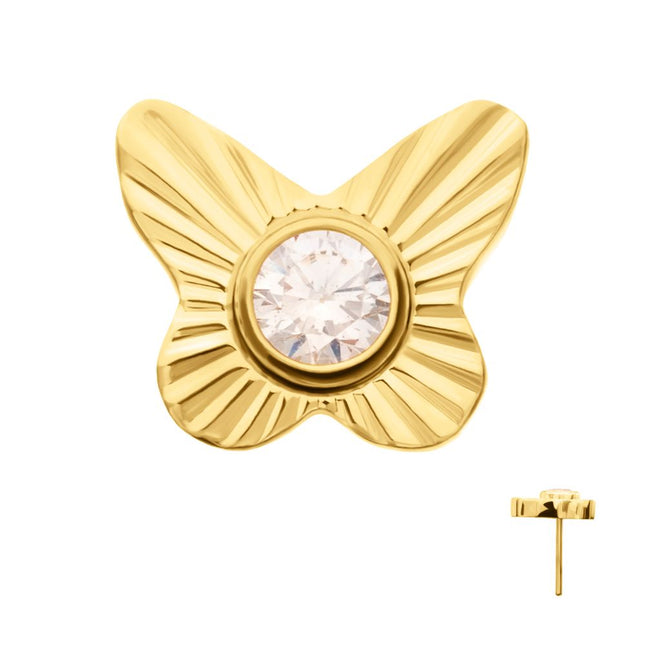 Invictus 24Kt Gold PVD Titanium Threadless Corrugated Butterfly with Bezel Gem Top