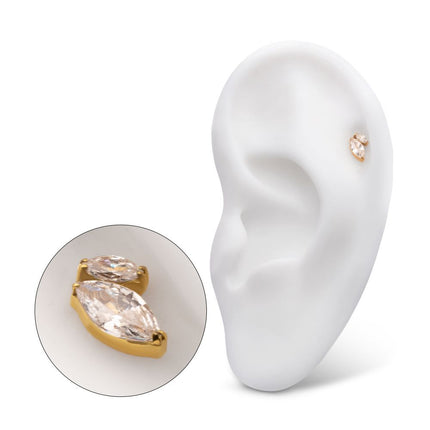 Invictus 24Kt Gold PVD Titanium Threadless V-Prong Dual Marquise CZ Gem Top