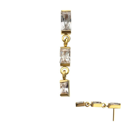 Invictus 24Kt Gold PVD Titanium Threadless Triple Baguette Gem Dangle Top