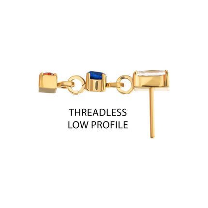Invictus 24Kt Gold PVD Titanium Threadless Prong Set Gem Baguette Top with Double Gem Dangle