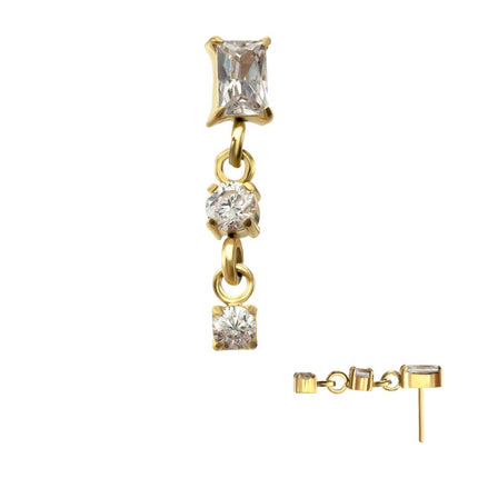 Invictus 24Kt Gold PVD Titanium Threadless Prong Set Gem Baguette Top with Double Round Gem Dangle