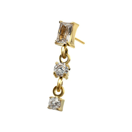 Invictus 24Kt Gold PVD Titanium Threadless Prong Set Gem Baguette Top with Double Round Gem Dangle