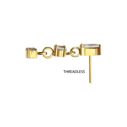 Invictus 24Kt Gold PVD Titanium Threadless Prong Set Gem Baguette Top with Double Round Gem Dangle