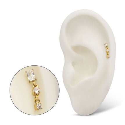 Invictus 24Kt Gold PVD Titanium Threadless Prong Set Gem Baguette Top with Double Round Gem Dangle