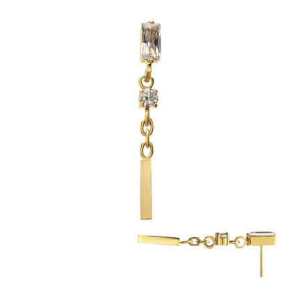 Invictus 24Kt Gold PVD Titanium Threadless Prong Set Gem Baguette Top with Round Gem & Bar Dangle