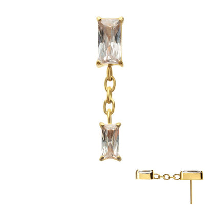 Invictus 24Kt Gold PVD Titanium Threadless Double Baguette Prong Set Gem Dangle Top