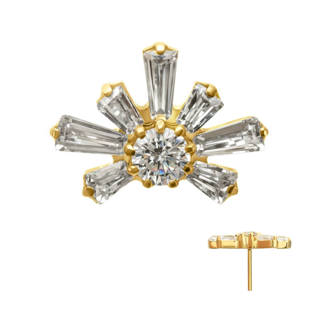 Invictus 24Kt Gold PVD Titanium Threadless Round & Baguette Cluster Gem Sunray Top