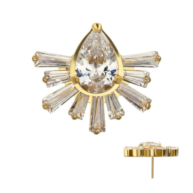 Invictus 24Kt Gold PVD Titanium Threadless Teardrop & Baguette Cluster Gem Sunray Top