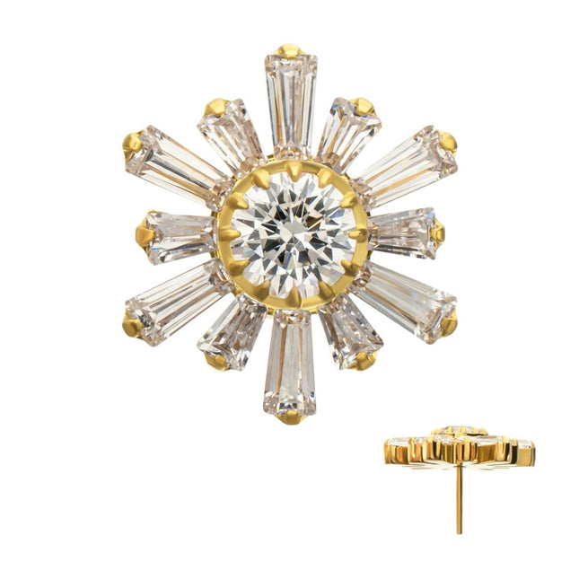 Invictus 24Kt Gold PVD Titanium Threadless Round & Baguette Cluster Gem Sunburst Top