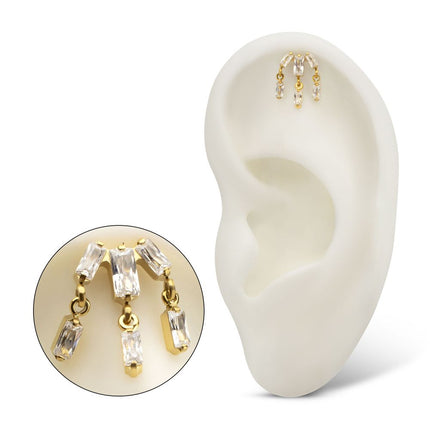 Invictus 24Kt Gold PVD Titanium Threadless 3-Cluster Baguette Prong Set Gem Top with Dangle Gem