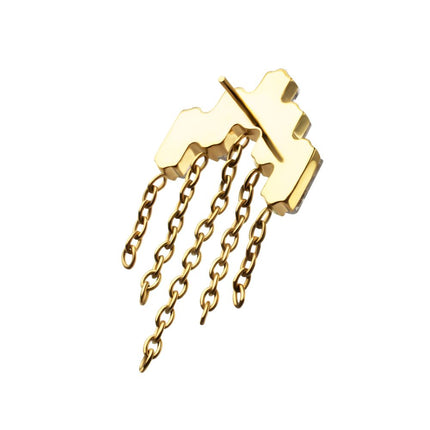Invictus 24Kt Gold PVD Titanium Threadless 5-Cluster Baguette Prong Set Gem Top with Chain Dangle